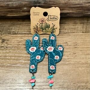 Justin Genuine Leather Cactus Earrings Turquoise Embroidered Western